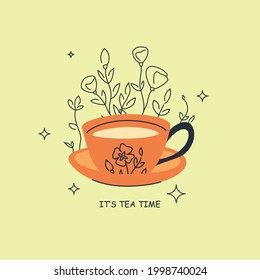 Tea Time square banner template with cup of tea, linear flowers, and words. Hand-drawn trendy vector illustration. Cartoon style. Flat and line design.