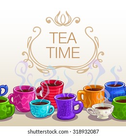Tea time square banner, vector template with hot colorful tea or coffee cups