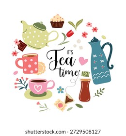 Teezeit, eckige Karte, Tee-Party-Elemente, Teetag, Vektorgrafik