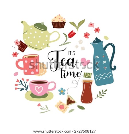 it's tea time, square card, tea party elements, tea day, vector illustration