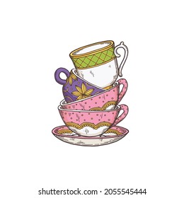 Tea time  Stack colored hand drawn tea cups   saucer  Tea cups and different ornament   shapes  Line vector illustration isolated white background 