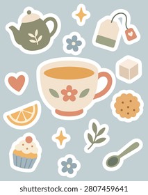 Tea time stickers set pastel flat illustration on blue gray background. Minimal cozy drink icon collection with teacup, teapot, tea bag, cookie, cupcake, lemon slice, sugar cube, spoon, leaves, hearts, flowers, and sparkles for cafe, planner stickers, printable, and clipart design.