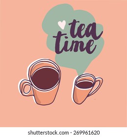 Tea time still life, hand drawn vector illustration