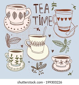 Tea time still life, set vector illustration 