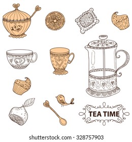Tea time still life set, sketch, doodle, hand draw. vector illustration