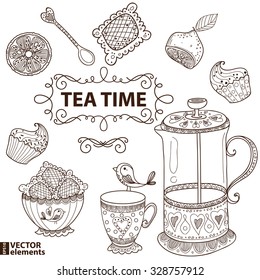 Tea time still life set  sketch  doodle  hand draw  vector illustration