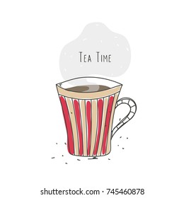 Tea time. Striped cup with hot drink. Line design. Doodle. Poster, logo, emblem, icon for cafe or restaurant. Vector illustration, eps10