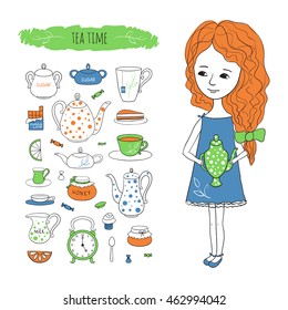 Tea time. Sweet girl with a kettle and tea accessories. Vector illustration drawn by hand in cartoon style.