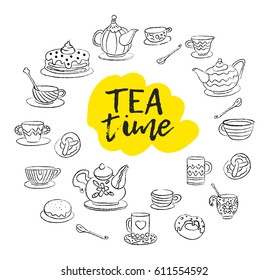 Tea time. Swirls, mugs, teapot, cakes, buns, cups of different designs. Doodle sketch style. Suitable for party invitation, cafe menu, postcards. Vector illustration isolated on white background