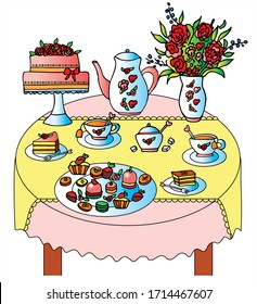 Un té con tarta, tetera, tazas, jarrón con flores, dulces. Vector coloreado para tarjeta o regalo. 