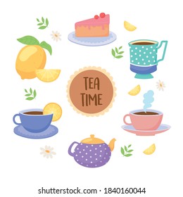 tea time teacups teapot cake lemon beverage leaf background vector illustration