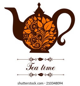 Tea time. Teapot. Beautiful background with teapot and place for your text. Menu for restaurant, cafe, bar, tea-house. Vector illustration 