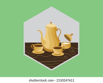 Tea time with teapot, couple of cup, and sugar flat vector illustration isolated on green. best for product cover, magazine content, ads, poster, banner, and coffee shop and kitchen wall decoration