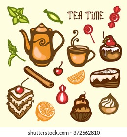 Tea Time. Teapot, cup, cherry, strawberry, mint, cake, candy, candy, lemon, cinnamon. Set. Collection.