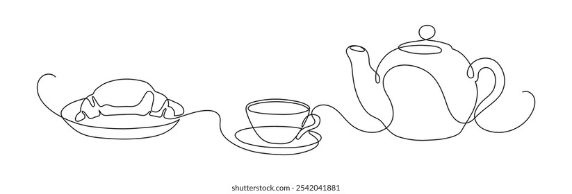 Tea time. Teapot with cup of tea with croissant. Continuous line drawing.