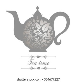 Tea time. Teapot with floral design elements. Teapot silhouette isolated on white background. Restaurant menu or Invitation. Vector illustration 