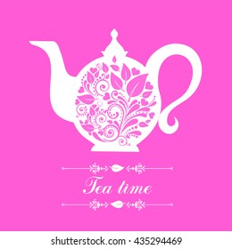 Tea time. Teapot with floral design elements. White Teapot silhouette isolated on Pink background. Restaurant menu or Invitation. vector  illustration