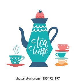 Tea Time and teapot hand drawn vector illustration and lettering. Isolated on white background. Cartoon style. Design for decor, cards, print, web, poster, banner, t-shirt