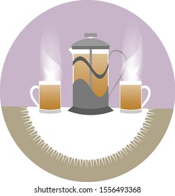 tea time: the teapot and two cups with hot tea on the table