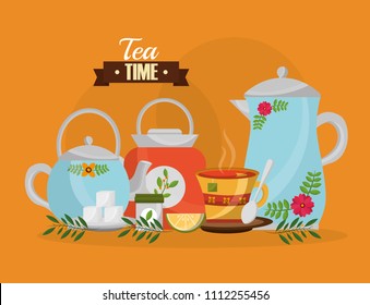 tea time - teapots and teacup sugar lemon spoon and flower decoration