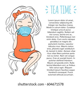 Tea time template. Procurement for the design of the booklet or pages of a magazine. Girl sitting on chair and drinking tea. Vector illustration of hand-drawn.