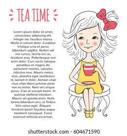 Tea time template. Procurement for the design of the booklet or pages of a magazine. Cute girl with a Cup of tea or coffee sitting on the chair. Illustration hand-drawn.