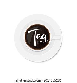 Tea time text. Cup with calligraphy lettering. Vector minimalist image. Logo for tea company, cafe or restaurant advertising, tea party card design, home decor, Template of banner or poster