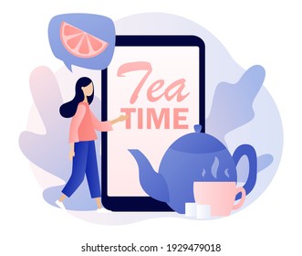 Tea time - text on smartphone screen. Hot drinks party online. Tiny people drinking tea. Kettle, cup, lemon slice and sugar cubes. Modern flat cartoon style. Vector illustration on white background
