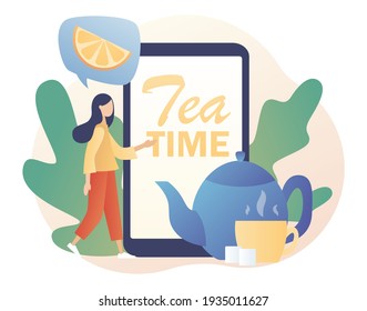 Tea time - text on smartphone screen. Tiny people drinking tea. Hot drinks party online. Kettle, cup, lemon slice and sugar cubes. Modern flat cartoon style. Vector illustration on white background
