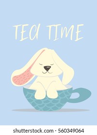 Tea time text and rabbit in the cup on the blue background
