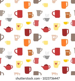 Tea time texture - seamless fabric background vector with coffee cups and tea mugs.