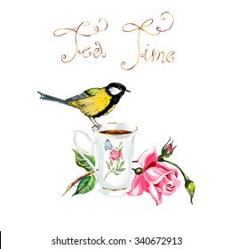 Tea Time. Titmouse sits on a cup with tea. Cup with tea and a rose branch. Invitation to tea drinking. Vector hand drawn illustration.