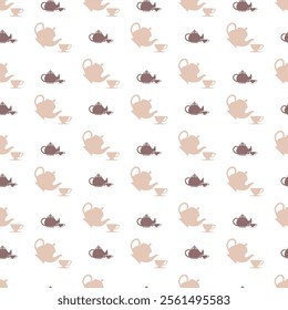 Tea Time Tranquility Cute Tea Pot and Cup Pattern. Ideal for kitchen textiles, wallpaper, or any project that calls for a touch of warmth and relaxation, perfect for tea enthusiasts and designers.