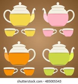 Tea Time. transparent glass Teapot and cusp set. Vector collection of Different kinds of tea. Set of isolated objects. black tea, green tea, herbal tea, rose tea, yellow tea