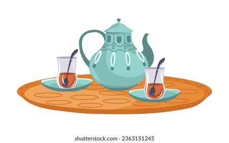 Tea time in Turkiye, isolated tray with teapot and cups with spoons and aromatic beverage in it. Tasty and delicious breakfast accompaniment, warm liquid for the morning. Vector in flat style