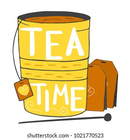 Tea time typography card design. Tea bags and tea cup and lettering sign. Usable for banner, poster, print, cards, background