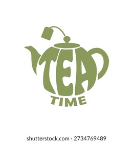 Logotipo da tipografia do tempo do chá com silhueta do bule na azeitona verde