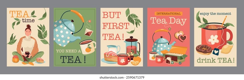 Tea time typography template posters. Vertical covers with woman drink hot beverage, teapots, cups and mugs, sugar, tea bags, desserts. Modern banners set in minimalism design. Vector illustration.