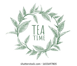 Tea Time. Vector background with green tea. Hand drawn.	