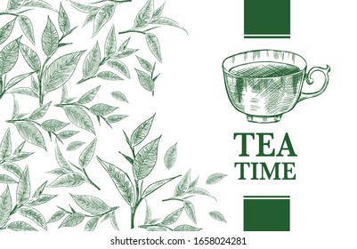 Tea Time. Vector background with green tea. Hand drawn.	