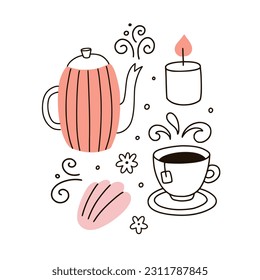 Tea time vector card. Cute tea cup, teapot, cookie, candle clipart