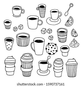 Tea time vector collection, coffee break background, hand drawn doodle plastic coffee and tea cups set with dessert, sugar, lemon, mint isolated on white background