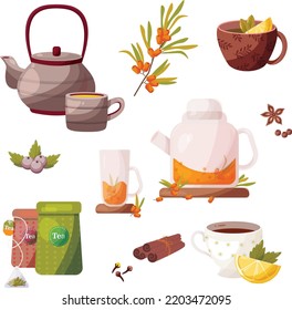 Tea time, vector drawing, delicious tea option. Different versions of tea.