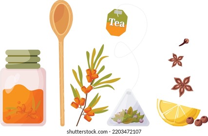 Tea time, vector drawing, delicious tea option. Different versions of tea.