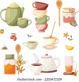 Tea time, vector drawing, delicious tea option. Different versions of tea.