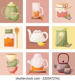 Tea time, vector drawing, delicious tea option. Different versions of tea.