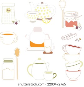 Tea time, vector drawing, delicious tea option. Different versions of tea.