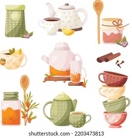 Tea time, vector drawing, delicious tea option. Different versions of tea.