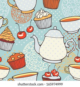 Tea time vector hand drawn seamless pattern. Decorative background