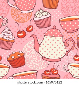 Tea time vector hand drawn seamless pattern. Decorative background